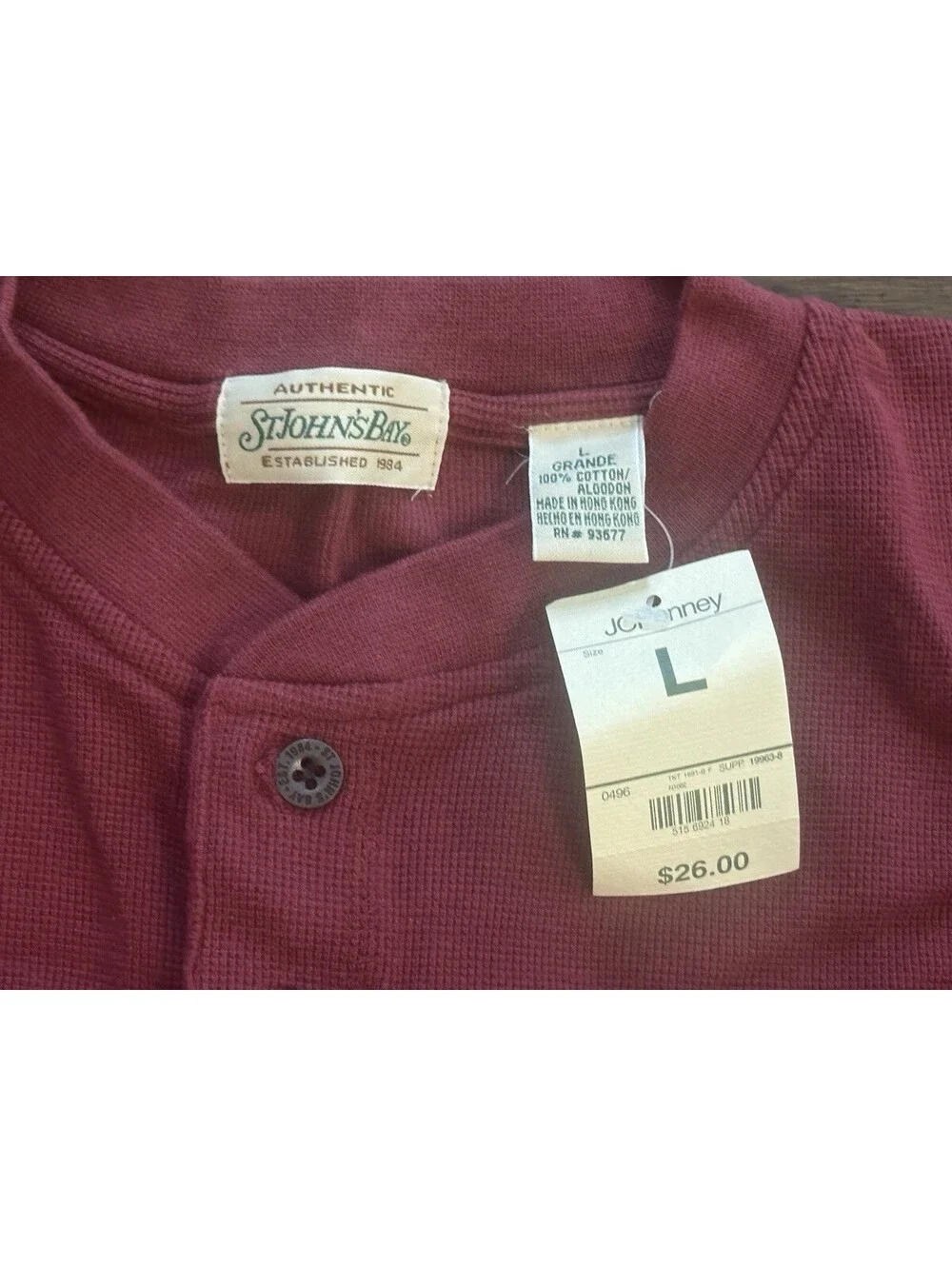 NWT Vintage St. John’s Bay Men’s 100% Cotton Waffle Knit Maroon Shirt Large 90s